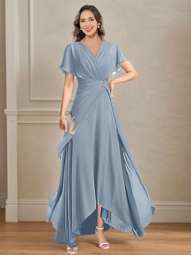 Chiffon Mother of The Bride Dress with Sleeves V-Neck A-Line Formal Wedding Guest Dresses for Women3