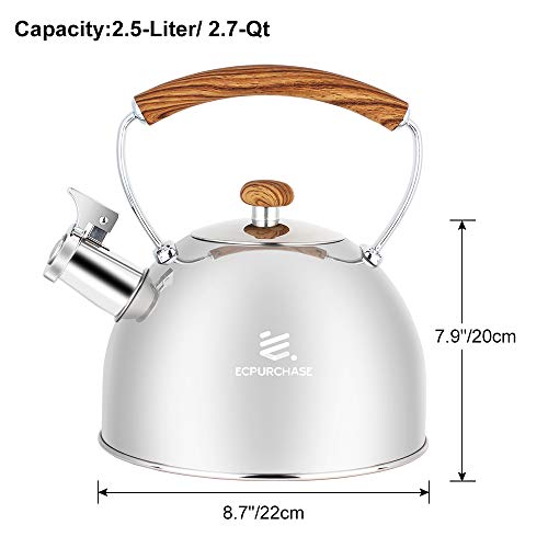 Tea Kettle for Stovetop Whistling Tea Pot, Food Grade Stainless Steel Teakettle Tea Pots for Stove Top, 2.6QT(2.5-Liter) Capacity with Capsule Base by ECPURCHASE