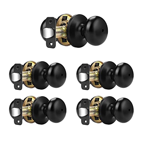 Probrico Privacy Door Knobs with Lock 5 Pack, Modern Round Interior/Exterior Keyless Door Knobs for Bedroom and Bathroom, Classic Matte Black Door Handles Inside