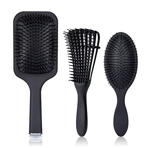 WANMEI 3 Pcs Professional Hair Brush Set - Detangler Styling Brush for Women, Men and Kids - Great on Wet or Dry Hair for Women & Men and Wet & Dry Paddle Hair Brush for Thick Hair - Black