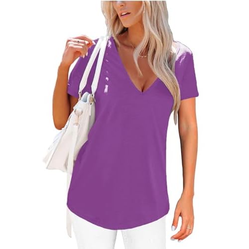Topstype Deep V Neck T Shirts for Women Short Sleeve Sexy Tops Low Cut Cleavage T Shirt