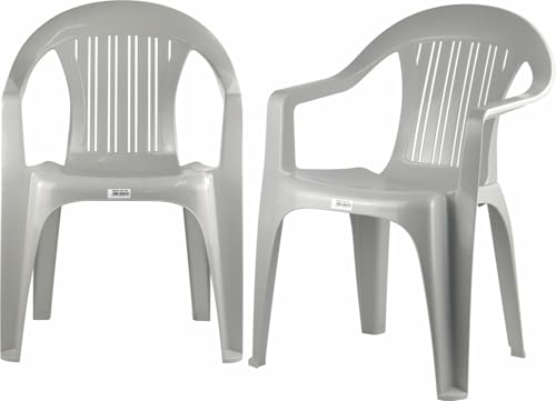 Catergold Plastic Garden Chair Grey Stackable with Vertical Slat Low Back Design Indoor and Outdoor Use Suitable for Patio Parties Picnics or Camping (White-2 Chair Set)