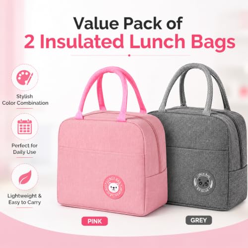 Image of Milton Lunch Bag Set of 2 with Insulated Interior, Reusable Food Carrier for Office School College and Daily Commute, Lightweight Design with Spacious Storage, (Pink,Grey