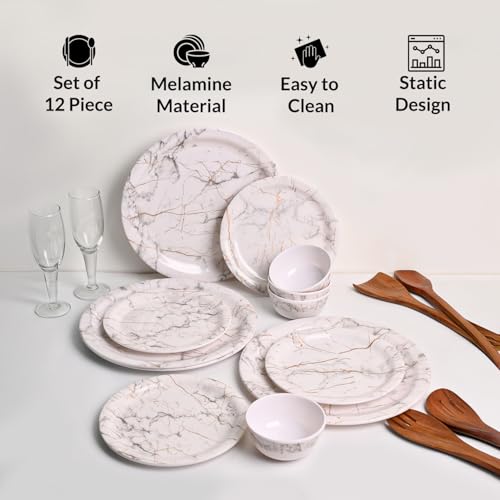 Image of MARKET 99 Heavy-Duty White Static Melamine Dinner Set 12 Pieces | Includes 4 Dinner Plates 4 Side Plates 4 Soup Bowls | Durable Food-Safe Tableware for Daily Use Family Dining & Kitchen Decor