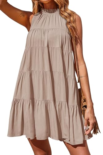 Okiwam Womens Summer Halter Dresses Sleeveless A Line Tiered Swing Mini 2025 Fall Casual Boho Beach Vacation Sundress