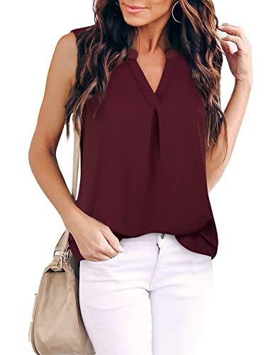 Gaharu Women Summer Blouses Business Casual Tank Top Henley V Neck Pleated Plain Chiffon Vest Tunic Shirt Dark Red,Medium thumb #1