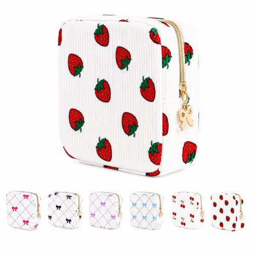 Image of Period Bag for Women, Portable Corduroy Sanitary Napkin Storage Bag Strawberry Period Pouch with Zipper, Sanitary Pads Bag Tampons Holder for Purse, First Period