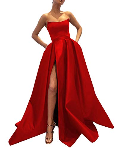 Ever-Beauty Womens Long Strapless Satin Prom Dress Sleeveless Slit Evening Ball Gown with Pockets Red Size 2
