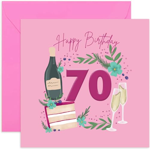 Old English Co. 70th Birthday Bubbles and Cake Card - Champagne Celebrations Feminine Seventieth Birthday Card for Her | For Women, Sister, Mum, Auntie, Friend | Blank Inside & Envelope Included