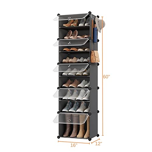 Vipzone 10-Tier Tall Shoe Rack, 20 Pairs Shoe Storage Organizer For Closet, Narrow Shoe Cabinet With Doors, Plastic Shoe Organizer For Entryway, Bedroom, Grey #TOP3