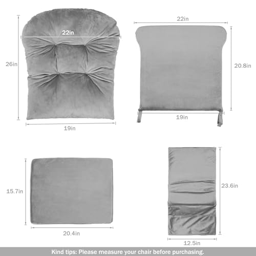 Osunnus 5PCS Glider Rocker Replacement Cushions Thick Soft Velvet Glider Cushions Replacement Set with Ottoman Cushion and Storage Pockets, Gray