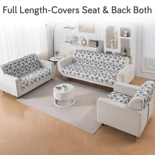 Image of HOKIPO Lavender Vine Quilted Sofa Cover 6 Seater with Tassels Set - Washable 3+2+1 Sofa Panel for Seat & Back | 'Tassel Twigs' Series (IN-991-T1 + IN-990-T1 + IN-989-T1)