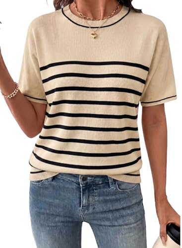 Image of SHEWIN Womens Tops Trendy Short Sleeve Shirts Crewneck Lightweight Knit Sweater Top Business Casual Outfits
