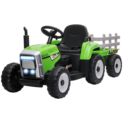 HOMCOM Elektrischer Traktor mit Anhänger, Kinder Aufsitztraktor mit Fernbedienung, Kinder Elektroauto mit MP3 Funktion, Kinderfahrzeug mit Scheinwerfer, 3-6KM/H, für 3-6 Jahre, Grün
