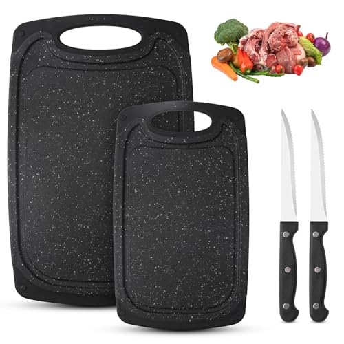 Juego de 2 Tabla Cortar Cocina, Tablas de Corte Plástico con 2 Piezas Cuchillo para Carne, Tabla de Cortar Antibacteriana con Exprimidor y Mango Antideslizante, Sin BPA, Para Verduras, Frutas, Carne