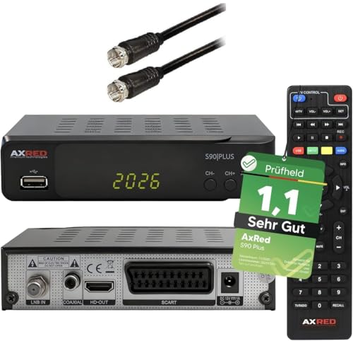 [ Test SEHR GUT, Note 1.1 *] AXRED S90 Plus HD Sat Receiver + Satkabel, mit Aufnahmefunktion, HD fähig, Digital Sat-Receiver für Satellitenschüssel Satelliten Satellit Fernseher, HD-Receiver, HDTV