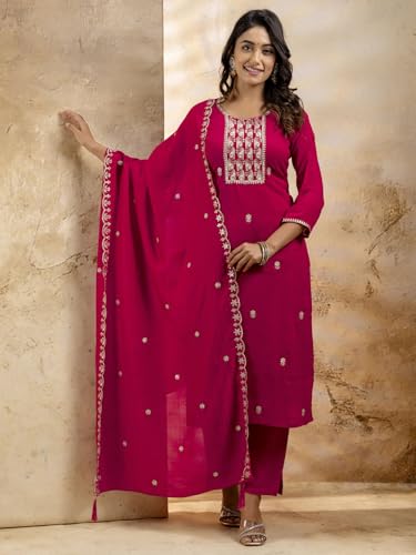 Image of VredeVogel Women's Silk Blend Embroidered Kurta with Pant & Dupatta Set | Modern & Traditional Blend Ethnic Wear | Festive & Casual Outfit