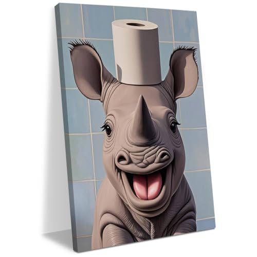 Funny Rhino Poster Bathroom Decor Canvas Wall Art Cute Framed Artwork Picture Prints Humorous Painting Wall Decor for Animal Rhino Lovers Home Office Bedroom Bathroom Toilet (11.5x14.5 Inch)