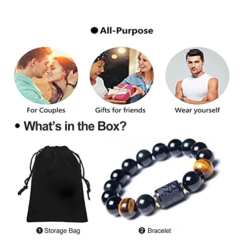 Rankui Beaded Bracelets For Men Women Handmade Natural Black Obsidian Onyx Tiger Eye Stone Beads Elastic Bracelets 12Mm Dragon Or 10Mm Phoenix Bracelet (12) #TOP6