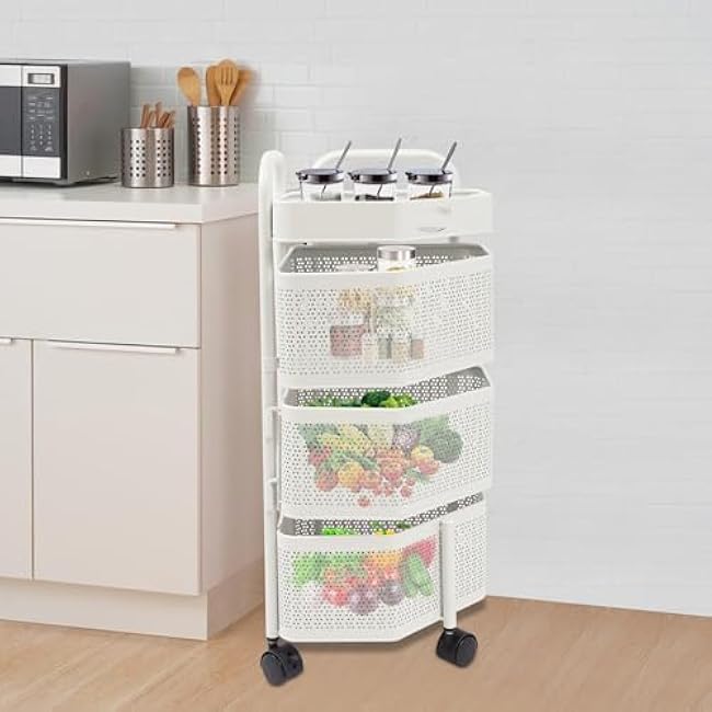 3-Tier Rotating Storage Shelf with Removable Baskets, 360¡ã Spinning Organizer Rack with 5 Wheels & Handles, Black Corner Shelf for Kitchen Bathroom, Easy Assembly (White, 3-Tier)-aHvZS8Mp