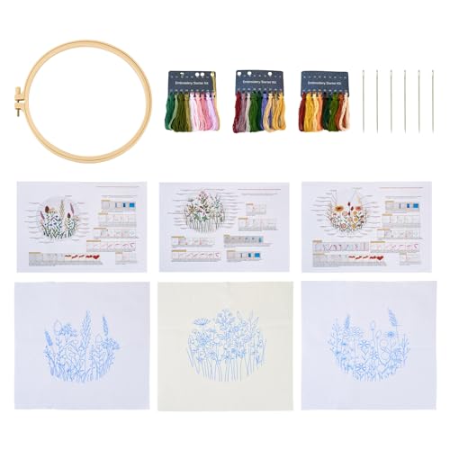 Image of Magibeads 3 Set Flower Leaf Water Soluble Embroidery Starter Kit - Cross Stitch Patterns - Crochet Kit with Embroidery Thread Fabric - Instruction - Knitting Kit for Adults - Sewing Gifts