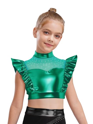 Girls Metallic Shiny Dance Crop Tank Top Mock Neck Mesh Patchwork Ruffle Sleeveless Crop Camis Dancewear2