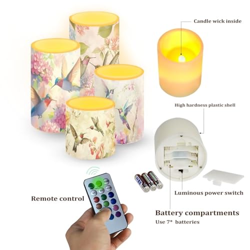 Image of Vintage Flower Hummingbird Flameless Candles Battery Powered LED Pillar Candles Tealights with Remote Timer Color Changing Control for Home Decor Set of 4