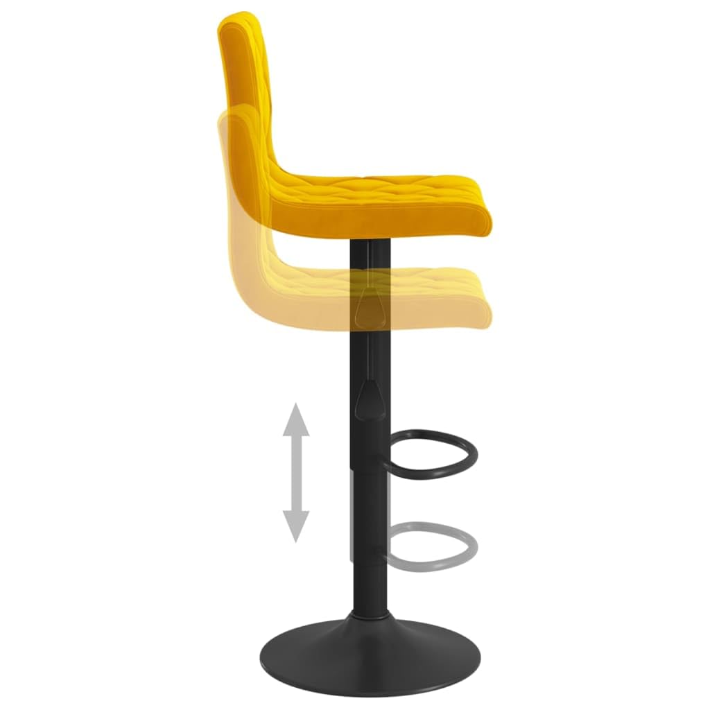 Juego de 2 taburetes de bar de terciopelo amarillo mostaza, altura regulable, 90-111 cm, con respaldo, taburete giratorio 360°, estructura de acero negro y reposapiés para mostrador de cocina