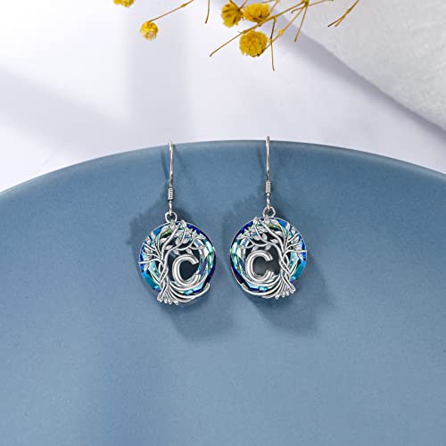 TOUPOP Tree of Life Initial Earrings 925 Sterling Silver A-Z Letter Drop Dangle Earrings Blue Circle Crystal Jewelry Birthday Christmas Gifts for Women Her Girlfriend Mom4