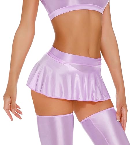 FEOYA Women Mini Rave Skirts Sheer Silky Smooth Pleated Skirt Solid Oil Shiny Micro Skirt Purple Size L