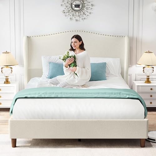 Image of Yaak King Size Bed Frame Upholstered, Platform Bed Tall Headboard 52 inch, Modern Nailhead Trim Headboard Wingback, No Box Spring Needed, Wood Slats Support, Easy Assembly, Cream