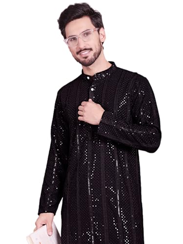 Image of Jompers Men's Regular Fit Rayon Sequins Chikankari Embroidered Kurtas