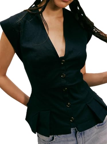 SurBepo Vest Tops for Women V-Neck Button Down Linen Blazer Cap Sleeve Fitted Waistcoat Work Casual Dressy Clothes4