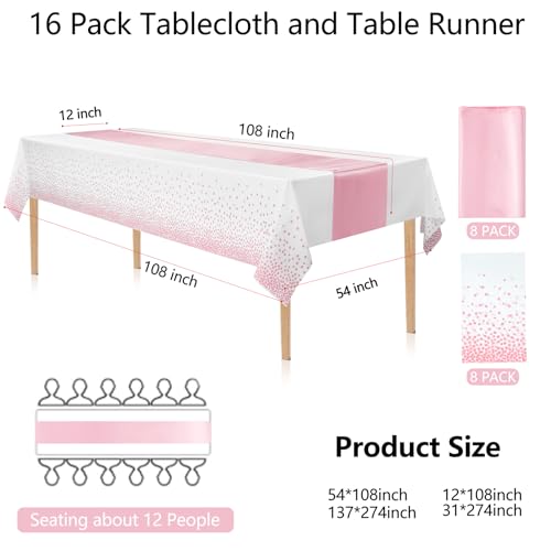 WDF 16Pack White and Pink Plastic Tablecloths Pink Table Runners - White Pink Dot 54 x 108 Inch Rectangle Plastic Tablecloths 12 x 108 Inch Satin Table Runners Parties/Wedding by WDF - Image 2