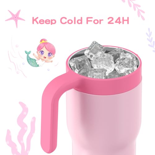 Image of OISIZ 14oz Kids Tumbler with Straw Lid & Handle,Kids Cup with Animal Accessory for School,Kids Water Bottles with Dust-proof Cover,Leakproof Water Bottles,316 Stainless Steel,Keep Cold 24 Hours-pink