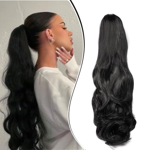 Dcbaboo Extensions de cheveux en queue de cheval avec pince - Ondulées et synthétiques - 45 cm - Noir