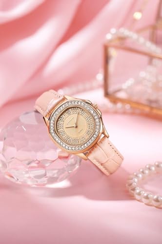 Image of Giordano Luxury Analog Watch for Women with Crystal-Studded Bezel & Leather Strap - Octagonal Case, Elegant Quartz Wristwatch