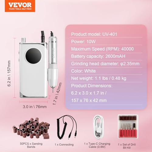 Image of VEVOR Electric Rechargeable Nail Drill, 40,000RPM Portable Cordless Nail E File Machine, LCD-Display Acrylic Gel Grinder Tool with 6 Bits and 50PCS Sanding Bands for Manicure Pedicure Carve Polish