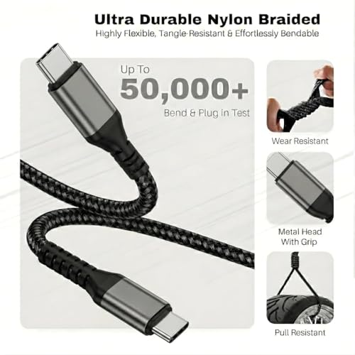 Image of USB Type C to Type C Cable 100W PD Fast Charging & 480Mbps Data Sync 1.2M Grey Braided Compatible with iPhone 17 /16 /15, Samsung, OnePlus, Google Pixel & USB-C Devices (Free Cable Protectors)