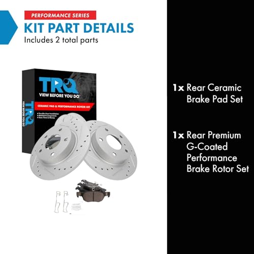 Image of TRQ Performance Rear Brake Pad and Rotor Set Ceramic Drilled Slotted Coated Rotors Compatible with 2019-2021 Mazda 3 2020-2021 CX-3 CX-30