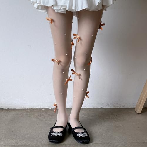 Image of SOLILOQUY Women Y2K Lolita Sheer Tights Bow Knot High Waist Footed Pantyhose Stockings See-Through Stretchy Leggings