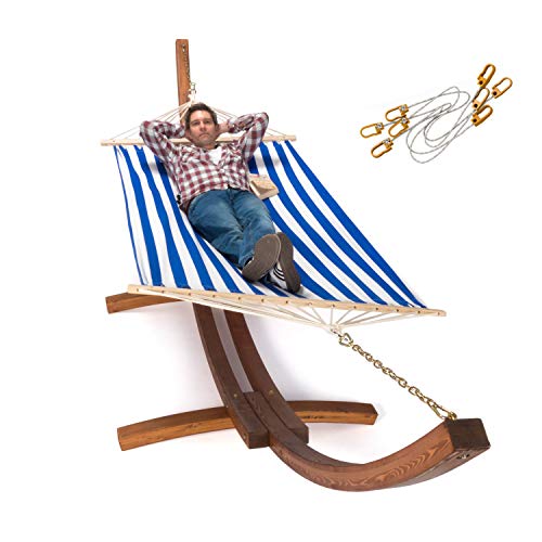 Ampel 24 Hängematte mit Sicherung und Gestell Madagaskar 400 cm braun, Hängemattengestell aus Holz wetterfest, Stabhängematte blau-weiß gestreift