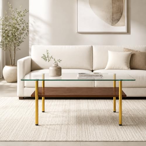 Image of 38.6 inch Glass Coffee Table for Living Room, 2-Tier Modern Center Table with Clear Tempered Glass Top, Brown Wood Shelf & Gold Metal Legs, Accent Tea Table for Small Space, Easy to Assemble