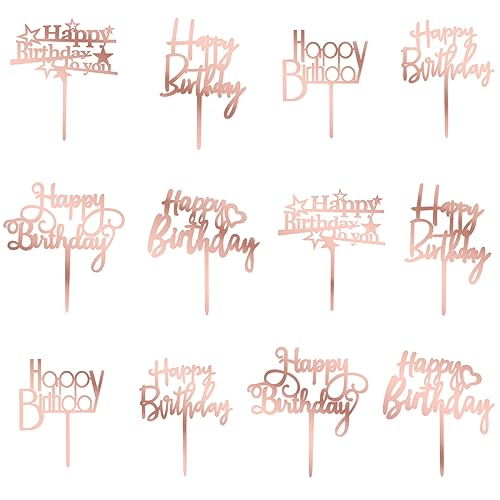 Paready ケーキトッパー 誕生日 ケーキ飾り 12点セット ケーキ挿入カード Happy Birthday ハッピーバースデー デコレーション 装飾 ローズゴールド（Amazon）