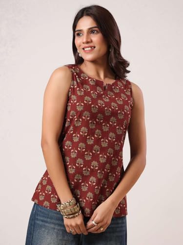 Image of Rimeline Women Printed Cotton Sleeveless Top | Stylish Casual Ethnic Top for Women | Soft Breathable Fabric Summer Top