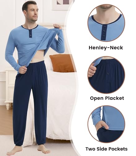 Image of NACHILA Mens Pajamas Set Long Sleeve Henley Sleepwear Top Soft Jogger Pants Pajamas Cool Pjs Set,Viscose Made from Bamboo