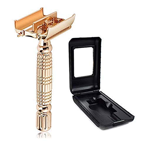 Rose Gold Butterfly Double Edge Safety Razor Wet Shaving Kit Gift for Men Women +5 Swedish Blades + 1 Mirrored Travel Case