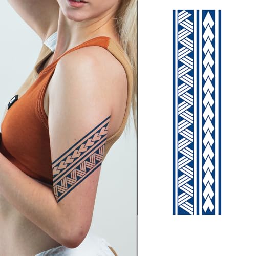 Image of Semipermanent Temporary Tattoo Stickers 20-25 days Lifespan For Men Women Boys & Girls Waterproof 3D Realistic Arm Band Hand Compass Tatto Sticker Blue Coloured Temp Watertransfer Tribal Armband Temporary Tattoo, Blue Geometric Pattern, Unisex Size-24X6.3cm GZBH-034