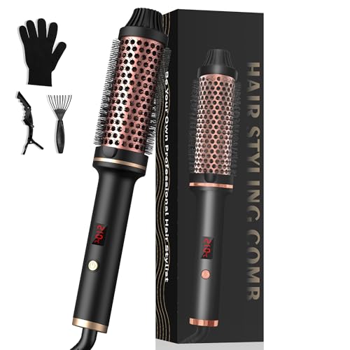 Pro Thermal Brush 38mm, Lockenbürste 3 in 1 Thermobürste, LCD Anzeige 120-200℃ Dual PTC, Erhöhen Sie das Haarvolumen, Lose Locken, Glattes Haar, Leichte Kompakte Größe, Dual Spannung Passend für Reise
