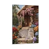 EMYXPAQM Exotic Shorthair Katze Leinwandbilder Blockhütten Blumenbusch Kunstdruck Auf Leinwand Modern Zimmerdeko Für Wohnzimmer Wohnung Geschenkidee 12x18inch(30x45cm)